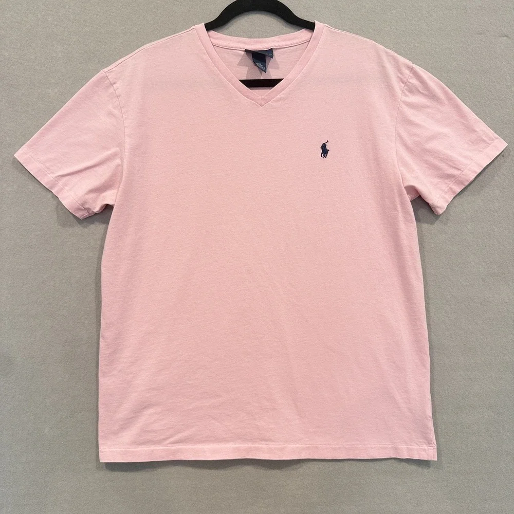 Polo Ralph Lauren Classic Fit Pink V-Neck Short Sleeve Cotton Navy Logo Tee M